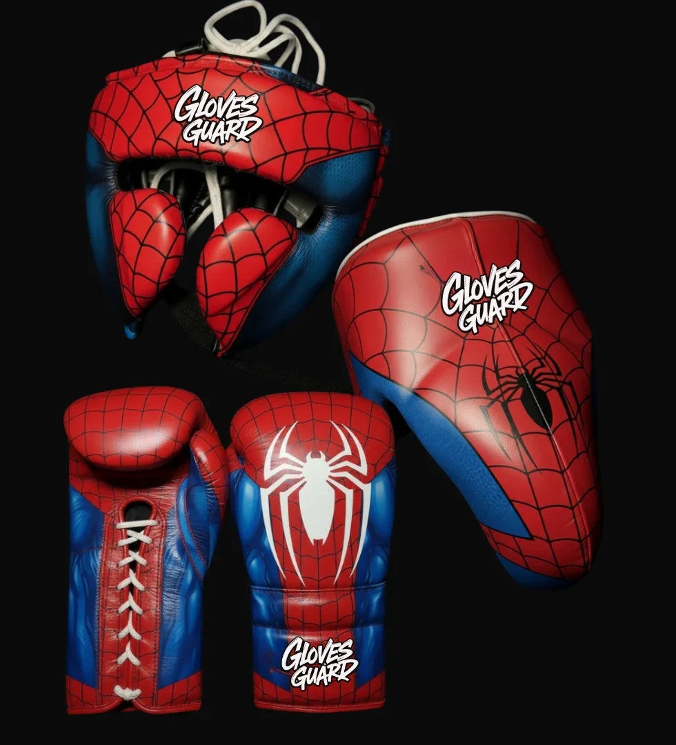 Spider-Man themed boxing gloves and shin guards on a black background